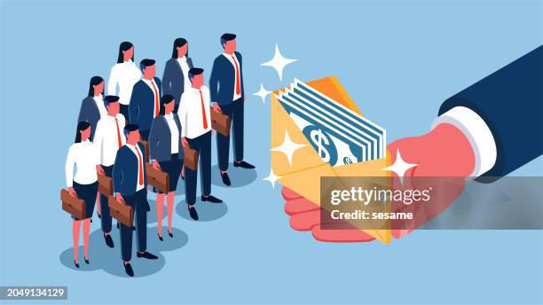 stockillustraties, clipart, cartoons en iconen met paying employees, payday, wages or income, employee incentives or rewards, a bunch of silly pedestrians standing in an isometric line with envelopes full of bills in hand - entrepreneur