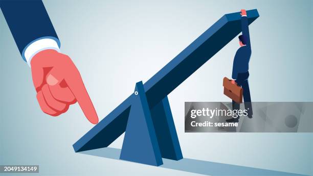 applying pressure, job or occupational pressure, leverage, principle of leverage, equidistant huge index fingers pressing on a seesaw to make a businessman hang in the air - imbalance stock illustrations