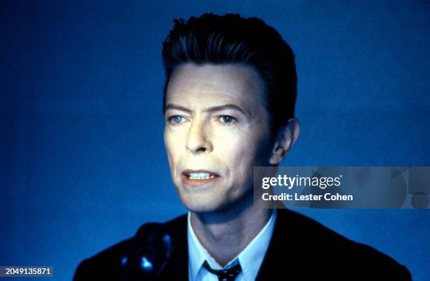 English singer David Bowie performs on the set of his music video Jump They Say in Los Angeles, California, March 1993.