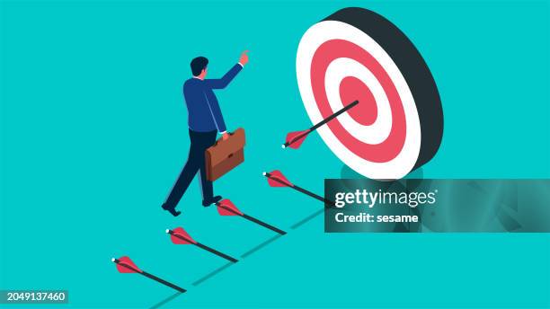 isometric businessmen try again and again to dart shooting bull's-eye, failure is the first step to success, success is built on countless failures, don't give up and persevere in the pursuit of spirituality - bow arrow stock illustrations