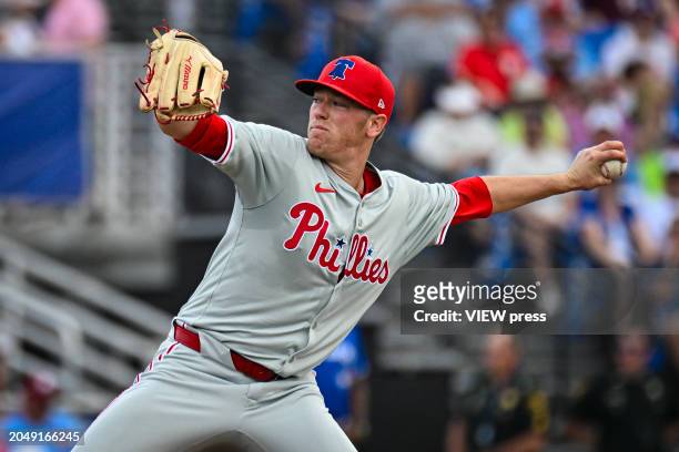 Philadelphia Phillies relief pitcher Kolby Allard throws against the Toronto Blue Jays in the sixth inning during a MLB spring training game at TD...