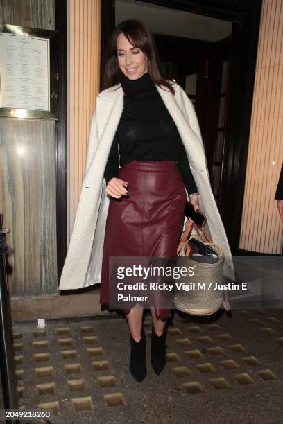 Alex Jones leaving Langan's Mayfair after an intimate dinner with friends celebrating St David's Day with Cygnet Gin on February 29, 2024 in London,...