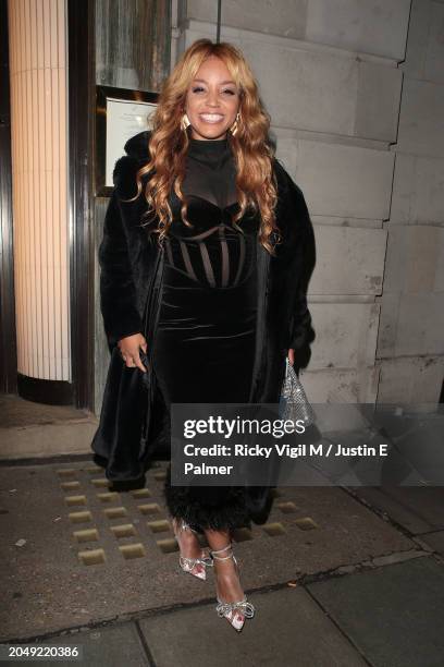 Marisha Wallace leaving Langan's Mayfair after an intimate dinner with friends celebrating St David's Day with Cygnet Gin on February 29, 2024 in...