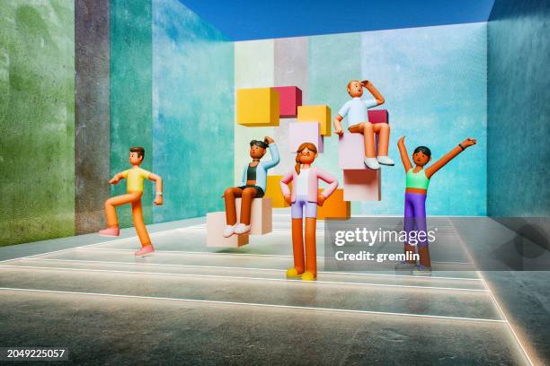 group of happy avatars in vr environment - free cartoon stock pictures, royalty-free photos & images