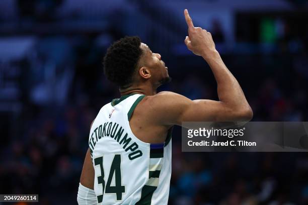 Giannis Antetokounmpo of the Milwaukee Bucks reacts prior to the game against the Charlotte Hornets at Spectrum Center on February 29, 2024 in...