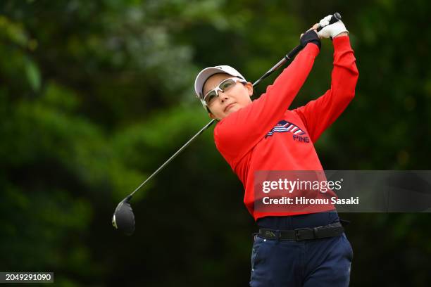 Ayako Uehara of Japan hits her tee shot on the 11th hole during the second round of Daikin Orchid Ladies Golf Tournament at Ryukyu Golf Club on March...