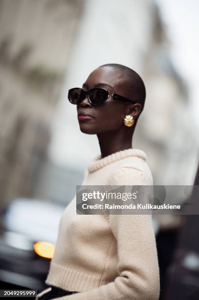 Guest wears blakc long skirt, beige cropped sweater and sunglasses outside Chloe during the Womenswear Fall/Winter 2024/2025 as part of Paris Fashion...
