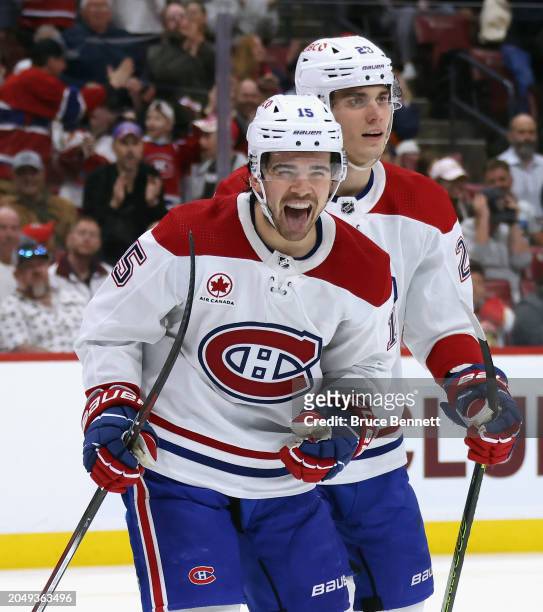 Alex Newhook of the Montreal Canadiens celebrates his powerplay goal during the third period against the Florida Panthers at Amerant Bank Arena on...