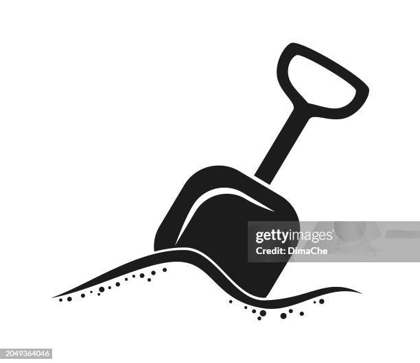 shovel with handle in sand - cut out vector icon silhouette - sand bucket stock illustrations