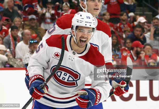 Alex Newhook of the Montreal Canadiens celebrates his powerplay goal during the third period against the Florida Panthers at Amerant Bank Arena on...