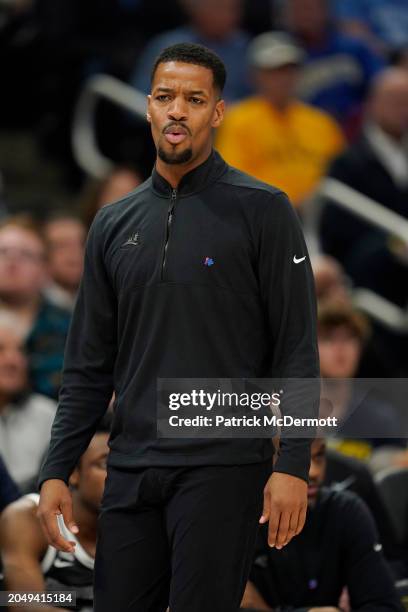 Head coach Kim English of the Providence Friars looks on during the first half against the Marquette Golden Eagles at Fiserv Forum on February 28,...