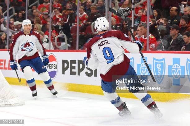 Zach Parise of the Colorado Avalanche celebrates after scoring against the Chicago Blackhawks during the first period at the United Center on...