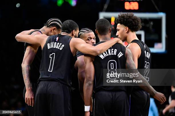 Mikal Bridges of the Brooklyn Nets speaks to his team against the Atlanta Hawks at Barclays Center on February 29, 2024 in New York City. NOTE TO...