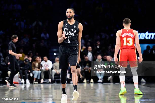 Mikal Bridges of the Brooklyn Nets celebrates a basket against the Atlanta Hawks during the second half at Barclays Center on February 29, 2024 in...