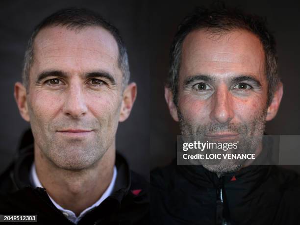 This combination of pictures released on March 4 shows French skipper of the Ultim multihull Banque Populaire, Armel Le Cleac'h posing prior to take...