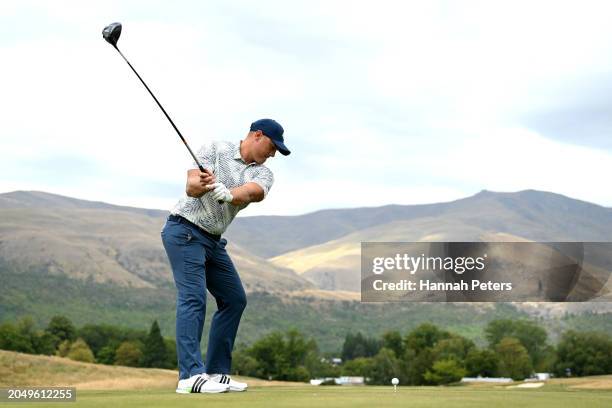 Former All Blacks rugby player Israel Dagg tees off during day two of the 2024 New Zealand Golf Open at Millbrook Resort on March 01, 2024 in...