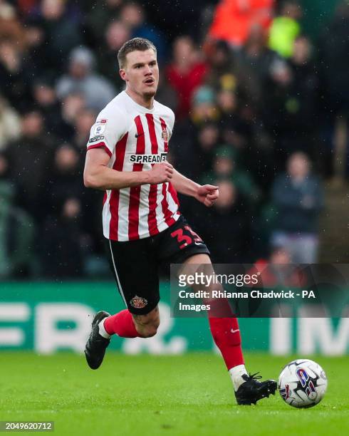 Sunderland's Leo Fuhr Hjelde in action during the Sky Bet Championship match at Carrow Road, Norwich. Picture date: Saturday March 2, 2024.