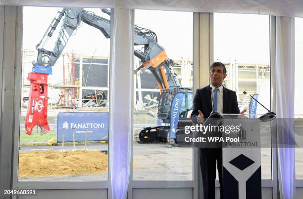 British Prime Minister Rishi Sunak delivers a speech to business and construction representatives during a visit to Panattoni Park, an industrial...