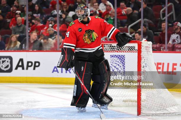 Petr Mrazek of the Chicago Blackhawks reacts against the Colorado Avalanche during the third period at the United Center on February 29, 2024 in...