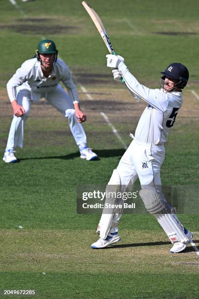 Nic Maddinson of the Bushrangers bats during the Sheffield Shield match between Tasmania and Victoria at Blundstone Arena, on March 01 in Hobart,...