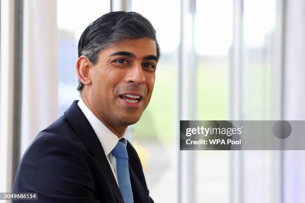 British Prime Minister Rishi Sunak delivers a speech to business and construction representatives during a visit to Panattoni Park, an industrial...