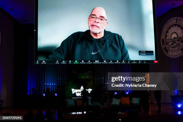 Sinbad speaks with audience via video conferencing at A Different World HBCU College Tour 2024 at Martin Luther King Jr. International Chapel at...