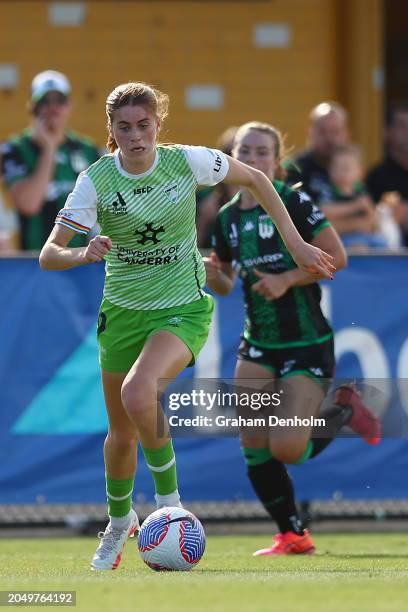 Ruby Nathan of Canberra United in action during the A-League Women round 18 match between Western United and Canberra United at City Vista Recreation...