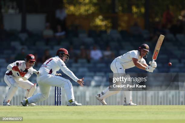 Jayden Goodwin of Western Australia bats during the Sheffield Shield match between Western Australia and Queensland at the WACA, on March 01 in...