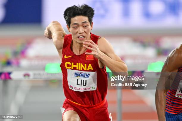 Junxi Liu of China competing in the Men's 60m Hurdles during Day 2 of the World Athletics Indoor Championships Glasgow 2024 at the Emirates Arena on...