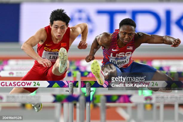 Junxi Liu of China and Cameron Murray of USA competing in the Men's 60m Hurdles during Day 2 of the World Athletics Indoor Championships Glasgow 2024...