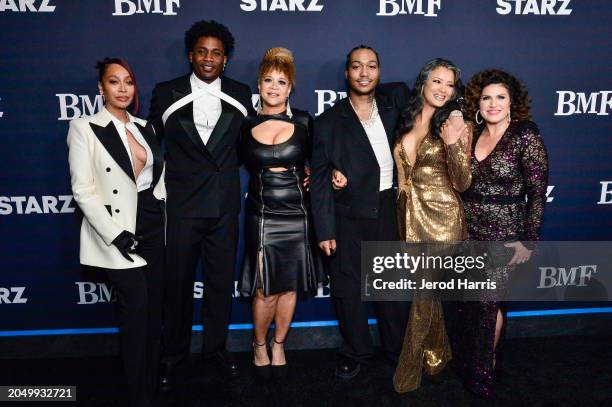 La La Anthony, Da'Vinchi, Michole Briana White, Lil Meech, Kelly Hu and Heather Zuhlke attend the "BMF" season 3 Los Angeles premiere at Hollywood...