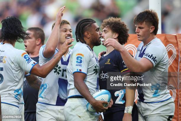 Hoskins Sotutu of the Blues celebrates scoring a try during the round two Super Rugby Pacific match between Highlanders and Blues at AAMI Park, on...