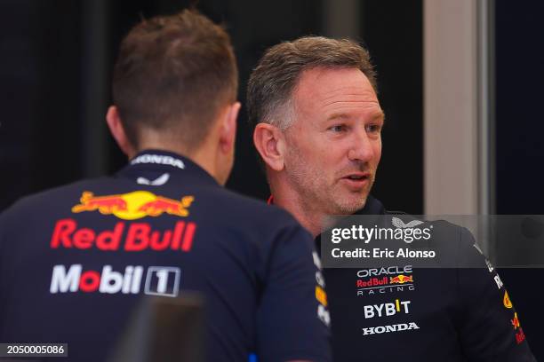 Oracle Red Bull Racing Team Principal Christian Horner looks on during final practice ahead of the F1 Grand Prix of Bahrain at Bahrain International...