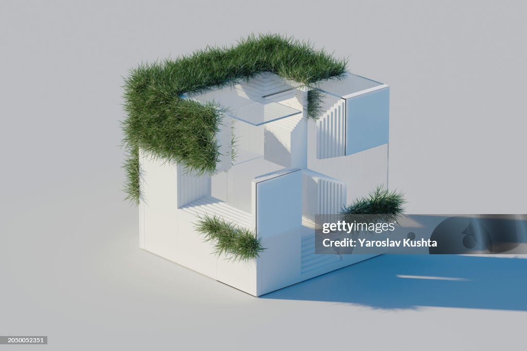 Futuristic block Digital data flowing and plants. Merging technology and ecology. ESG .CGI Styleframe