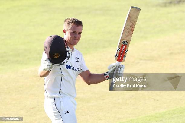 Jayden Goodwin of Western Australia celebrates his century during the Sheffield Shield match between Western Australia and Queensland at the WACA, on...