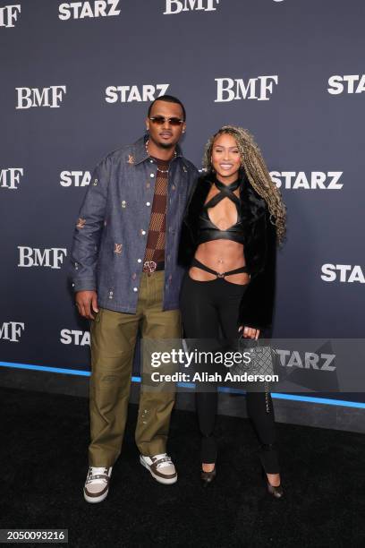 Deshaun Watson and Jilly Anais attends the Los Angeles premiere of Starz series "BMF" Season 3 at Hollywood Athletic Club on February 29, 2024 in...