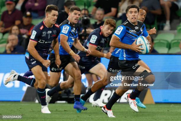 Ben Donaldson of the Western Force runs with the ball during the round two Super Rugby Pacific match between Melbourne Rebels and Western Force at...