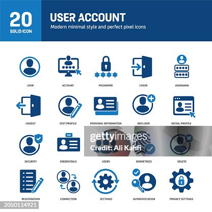User account solid icons. Containing privacy, accessibility, identity, verification solid icons collection. Vector illustration. For website design, logo, app, template, ui, etc. User account solid icons. Containing privacy, accessibility, identity, verification solid icons collection. Vector illustration. For website design, logo, app, template, ui, etc.