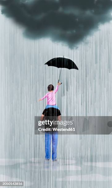 father piggybacking small daughter during heavy rain - viewpoint stock illustrations