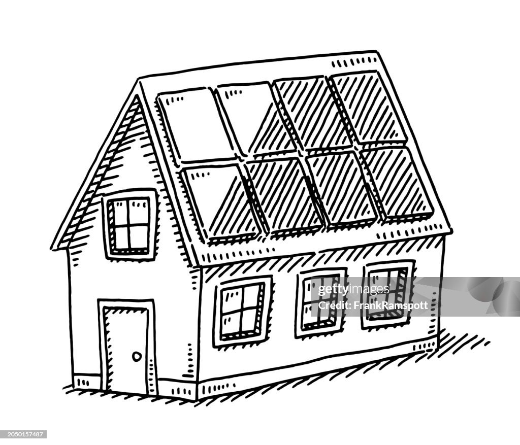 Small House With Solar Panels On The Roof Drawing
