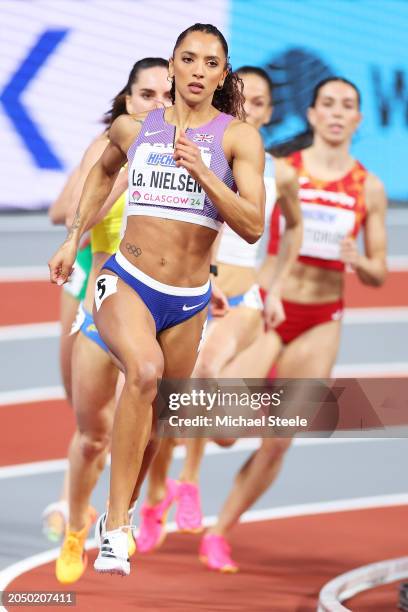 Laviai Nielsen of Team Great Britain competes in the Women's 400 Metre Heats on Day One of the World Athletics Indoor Championships Glasgow 2024 at...