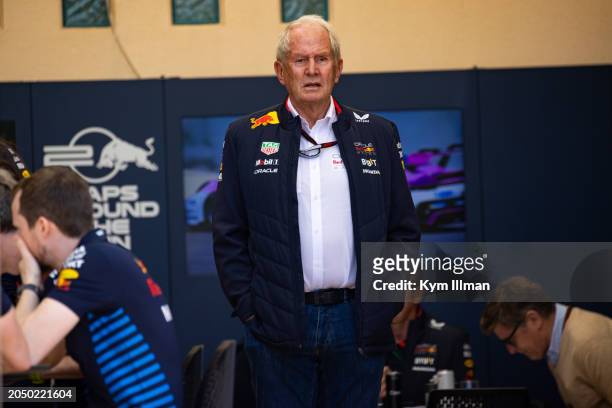Red Bull Racing Team Consultant Dr Helmut Marko stands on the deck of the Red Bull hospitality suite during qualifying ahead of the F1 Grand Prix of...