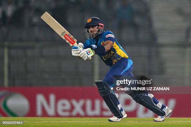 Sri Lanka's Kusal Mendis plays a shot during the first Twenty20 international cricket match between Bangladesh and Sri Lanka at the Sylhet...