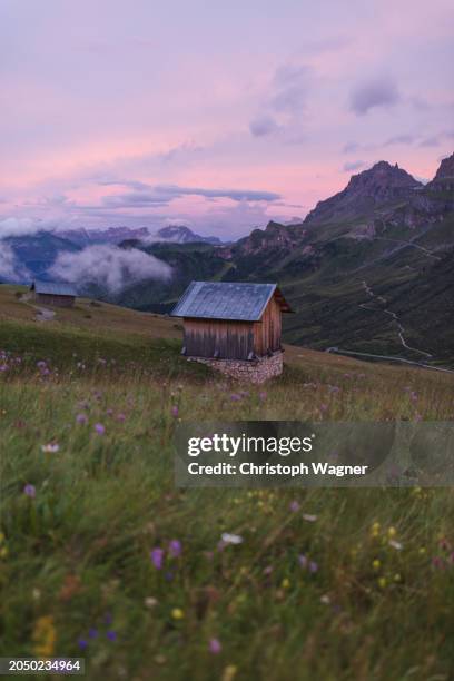 gebirgslandschaft, berghütte - alpen berghütte stock pictures, royalty-free photos & images