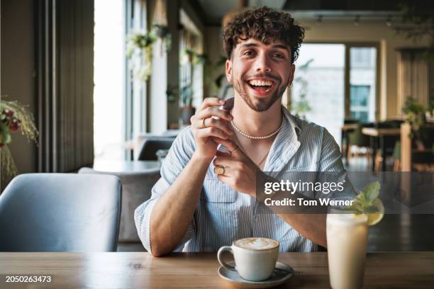 joyful man with morning coffee - fashion man single casual shirt stock pictures, royalty-free photos & images