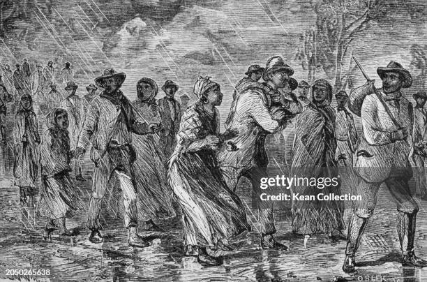 An engraving depicting formerly enslaved people, one carrying a bundle over his shoulder, as others hold children's hands as they walk in the rain,...