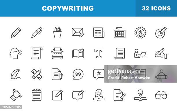 copywriting-zeilensymbole. bearbeitbarer strich. enthält symbole wie bleistift, zeitung, zeitschrift, schreiben, lesen, brainstorming, kreativität, schreibmaschine, marketing, buch, notizbuch, zitat, tastatur, idee. - artikel publikation stock-grafiken, -clipart, -cartoons und -symbole