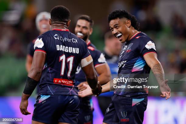 Filipo Daugunu of the Rebels celebrates a try during the round two Super Rugby Pacific match between Melbourne Rebels and Western Force at AAMI Park,...