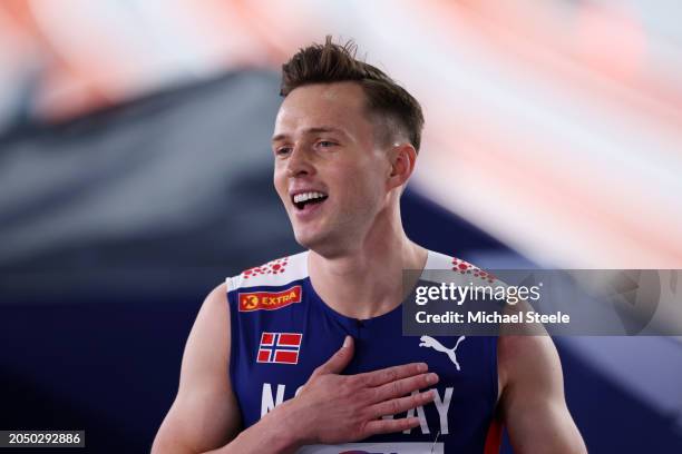 Karsten Warholm of Team Norway reacts after victory in the Men's 400 Metres Heats on Day One of the World Athletics Indoor Championships Glasgow 2024...