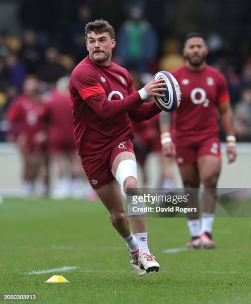 George Furbank runs with the ball during the England training session held at the LNER Community Stadium on March 01, 2024 in York, England.